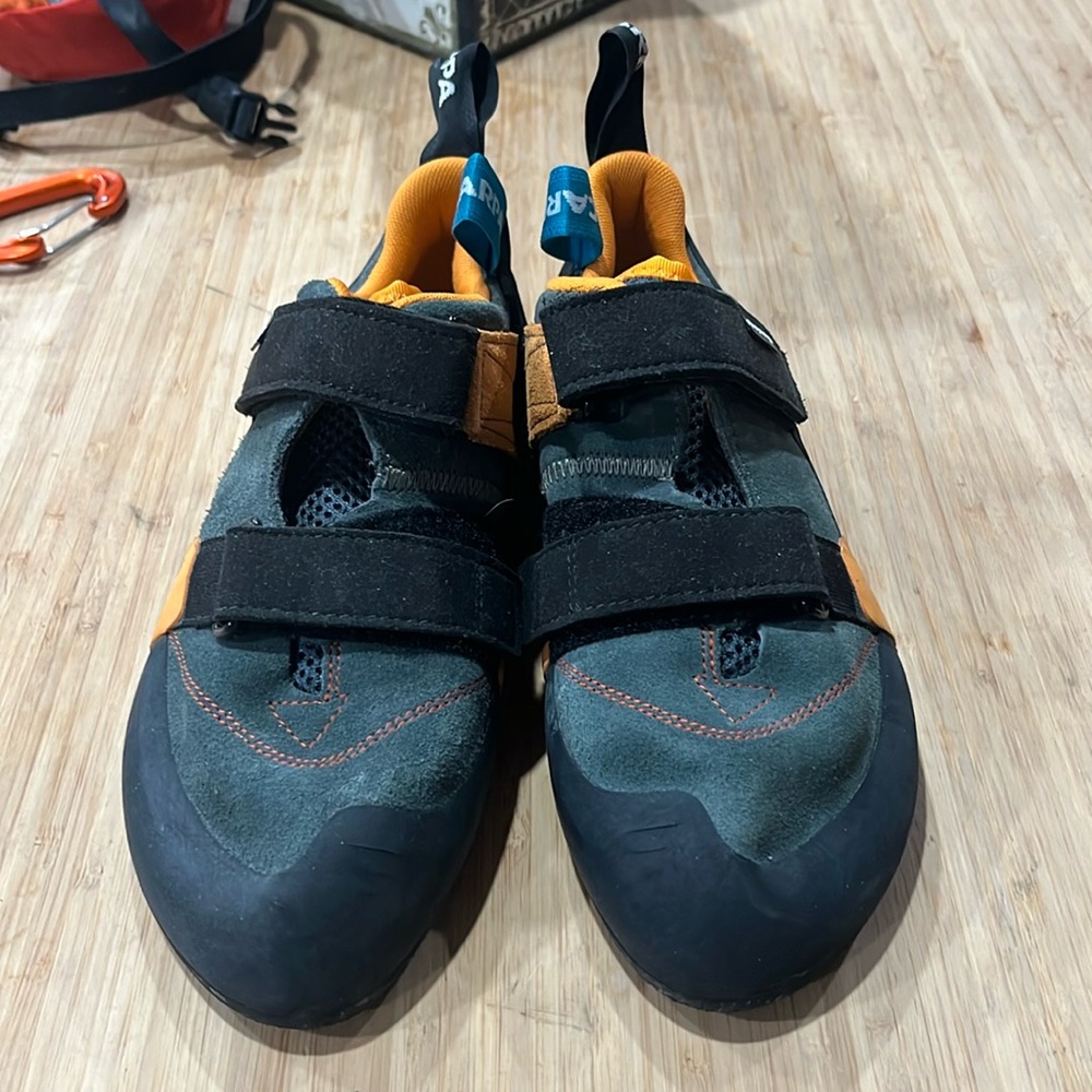 Rock climbing shoes and chalk bag